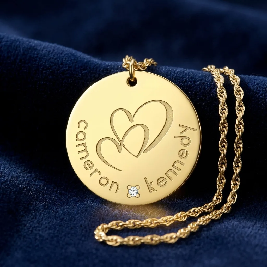 Couple's Diamond Accent Engravable Two Hearts Circle Pendant