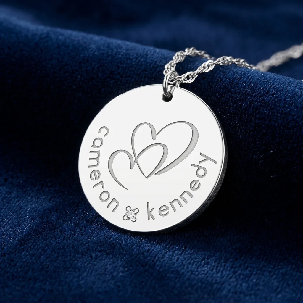 Couple's Diamond Accent Engravable Two Hearts Circle Pendant 2