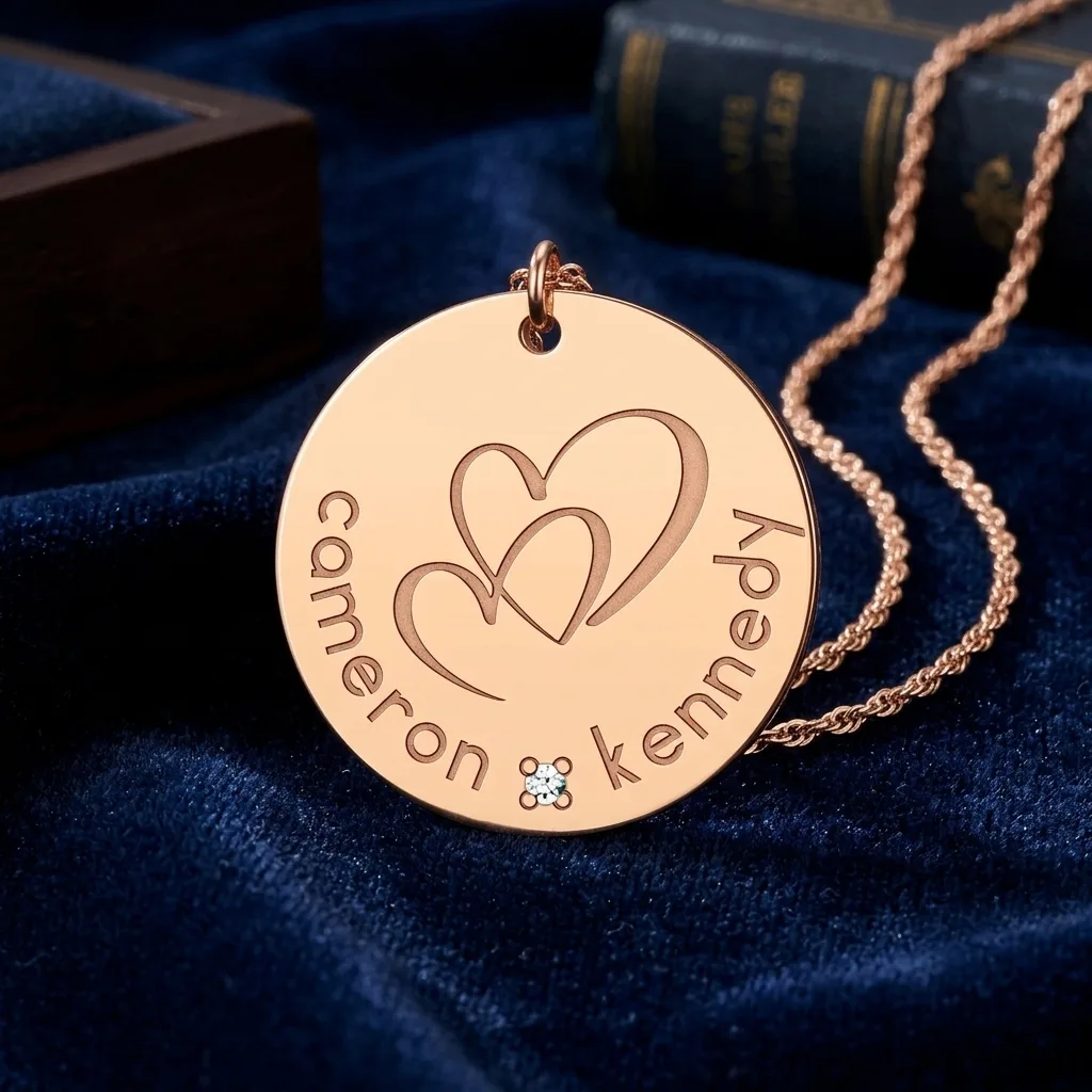 Couple's Diamond Accent Engravable Two Hearts Circle Pendant 3